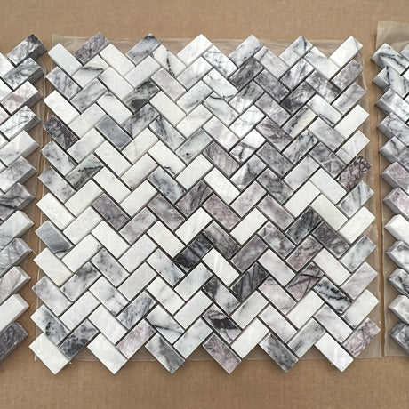 Calacatta Viola Polished Herringbone Marble Mosaic 15x30x10